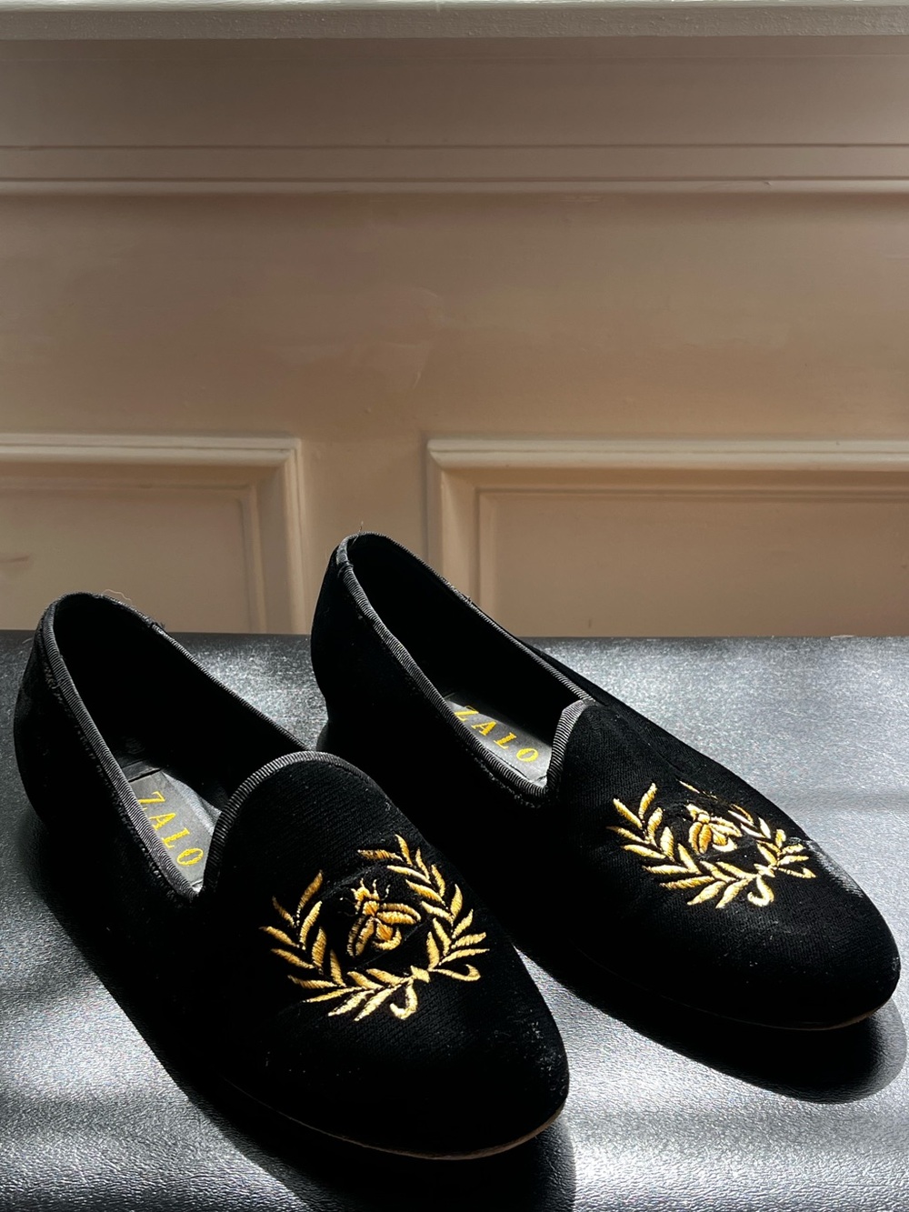 Zalo Black Velvet Loafers with Gold Embroidered Crest